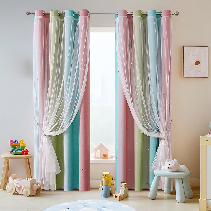 Double-Layer Blackout Rainbow Ombre Glitter Star Window Curtains - 39x51 Inch
