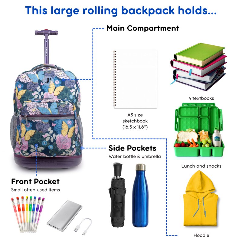 Girls 18-Inch Rolling Backpack for School and Travel - Multiple Patterns