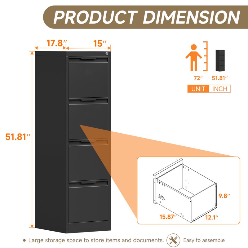 4 Drawer Metal File Cabinet with Lock - Vertical Home Office Storage