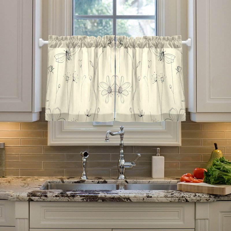 Floral and Insect Pattern Kitchen Curtain Tier Set - Light Filtering UV Protection