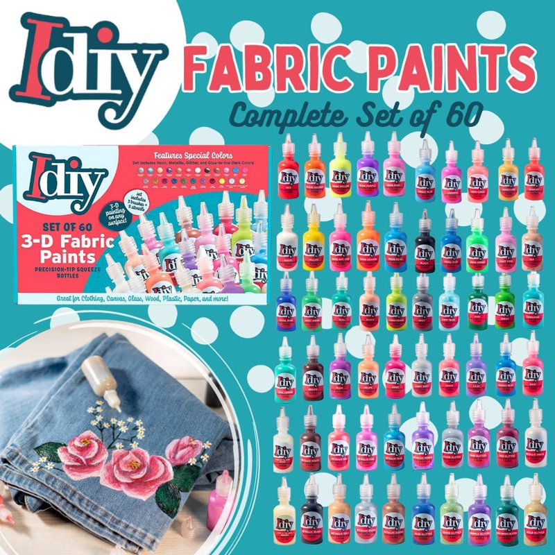 60 Color Fabric Paint Set with Glitter Neon Metallic Glow Non-Toxic Water-Based