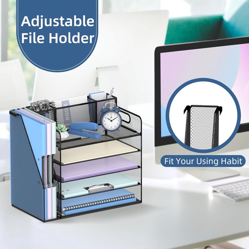 5-Tier Metal Desk File Organizer with Handle and Pen Holders, Office Storage, Black