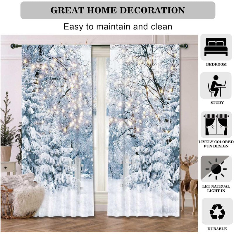 Winter Scene Window Curtain Pair - Blue Wonderland Snowflake Forest for Christmas & Home Decor