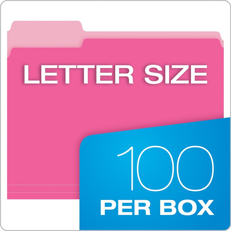 Pink Interior File Folders 1/3 Cut Top Tab Letter 100 Pack Office Organization