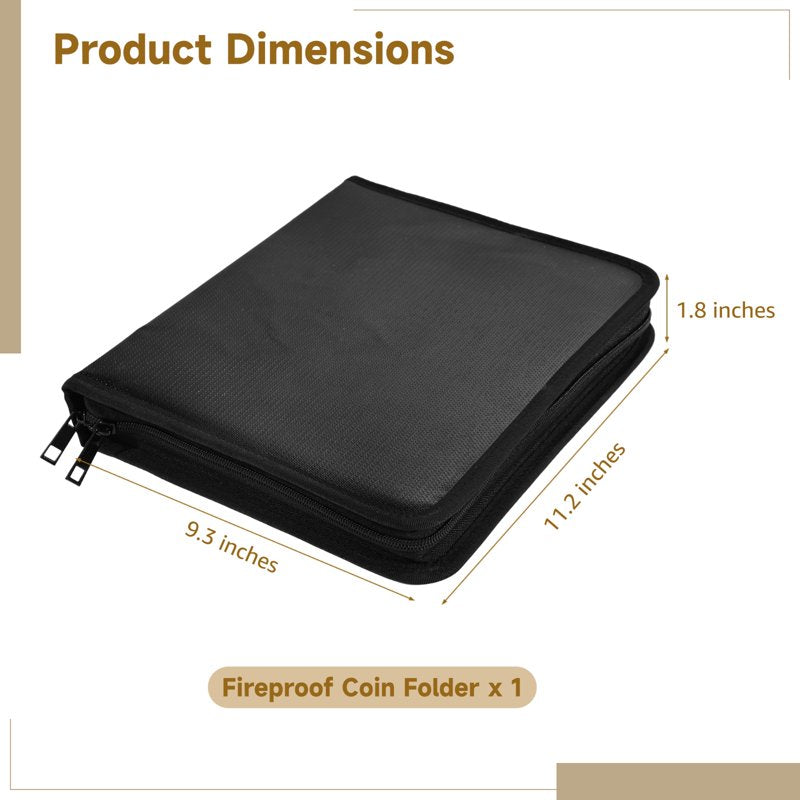 Fireproof Coin and Banknote Storage Folder with Zipper & Hard Shell - 11.22x9.25in