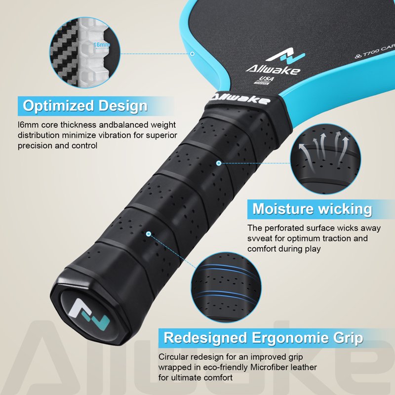 Allwake Pickleball Paddle with T700 Carbon Fiber – USAPA Approved, 8 oz, Textured Surface, Black-Blue Variation