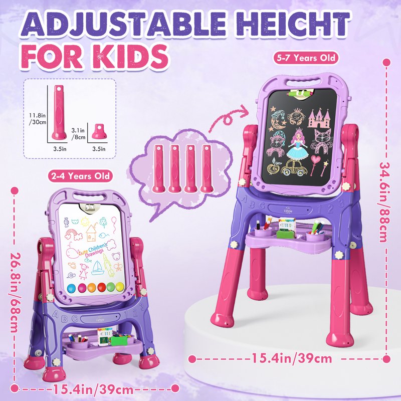 Kids Art Easel 4-in-1 Double-Sided Magnetic Chalkboard & Whiteboard Adjustable Height Purple