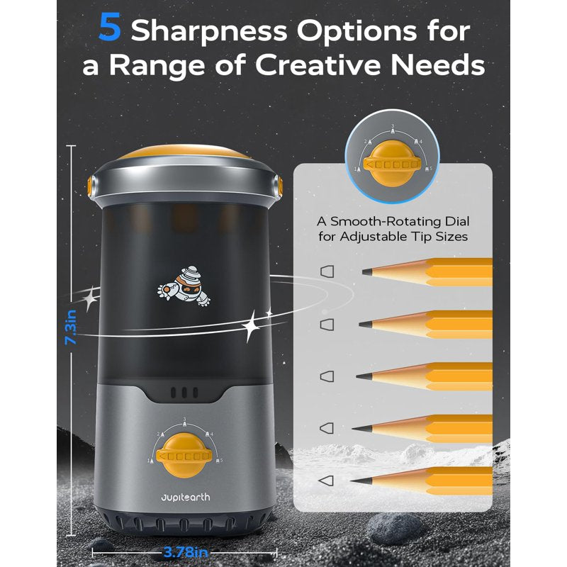 Electric Pencil Sharpener - Auto, Hands-Free, Space Ship Design, Adjustable Sharpness