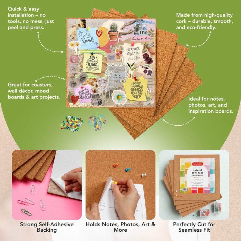 Self-Adhesive Cork Board Squares 12x12 for Bulletin & Vision Boards - 5 Pack