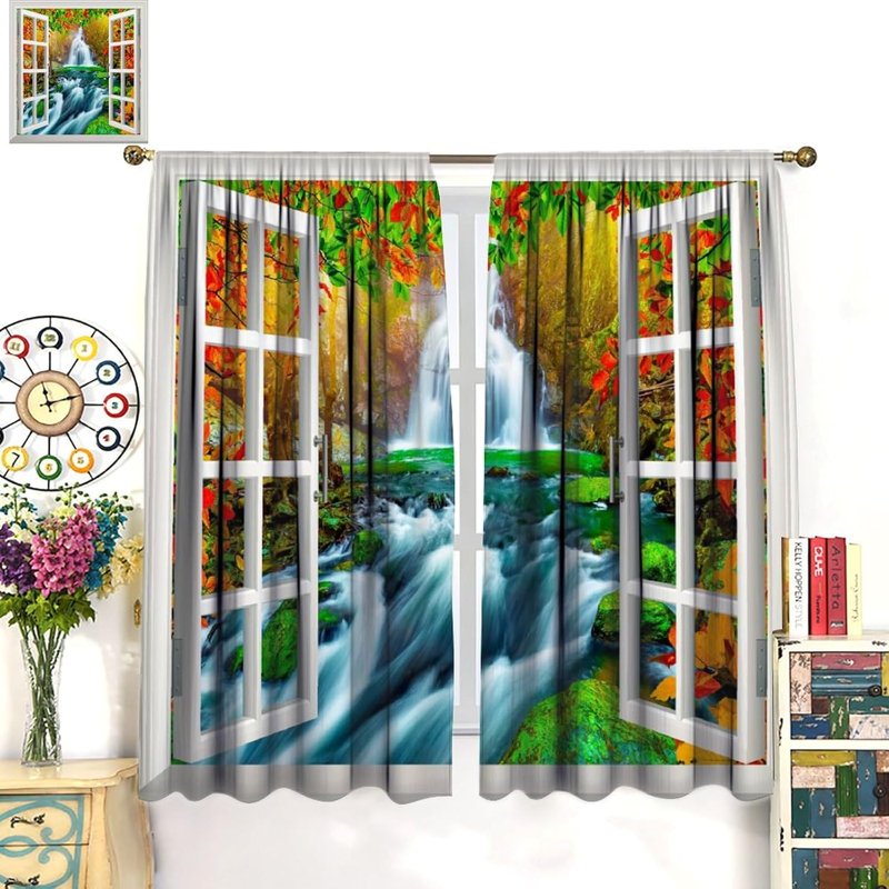 Autumn Landscape Blackout Curtains for Living Room - Fall Mountain Forest Lake Scene