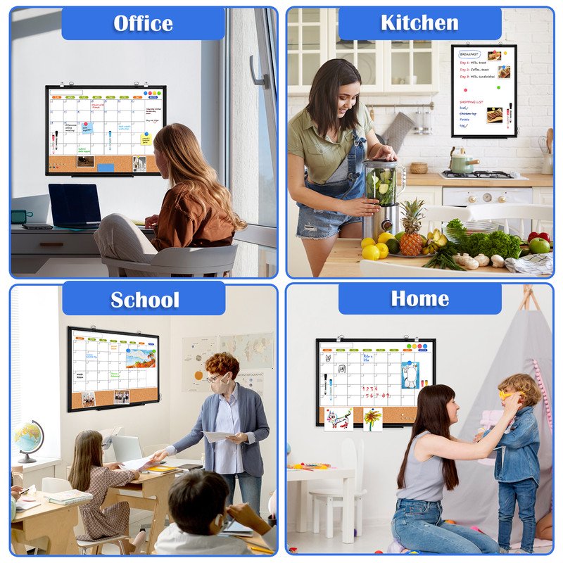 Magnetic Whiteboard Calendar & Cork Board Combo - 24x18, 36x24 Inches, Double-Sided Wall Mount