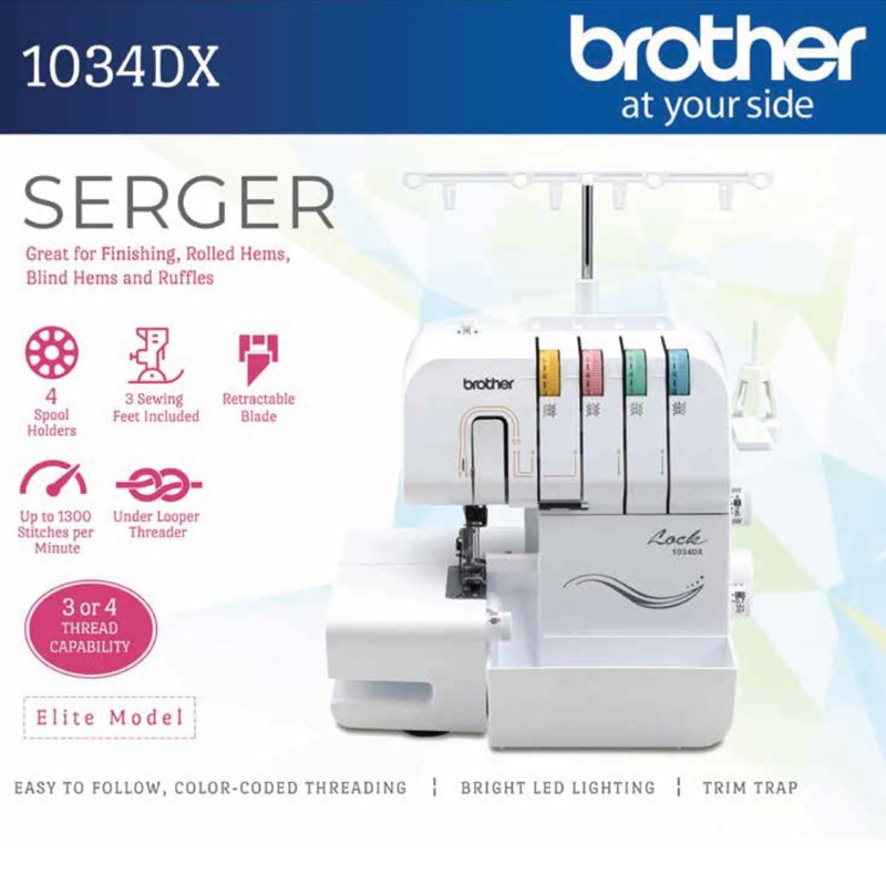 Brother 1034DX Serger Sewing Machine with Color-Coded Thread Guides & LED Light