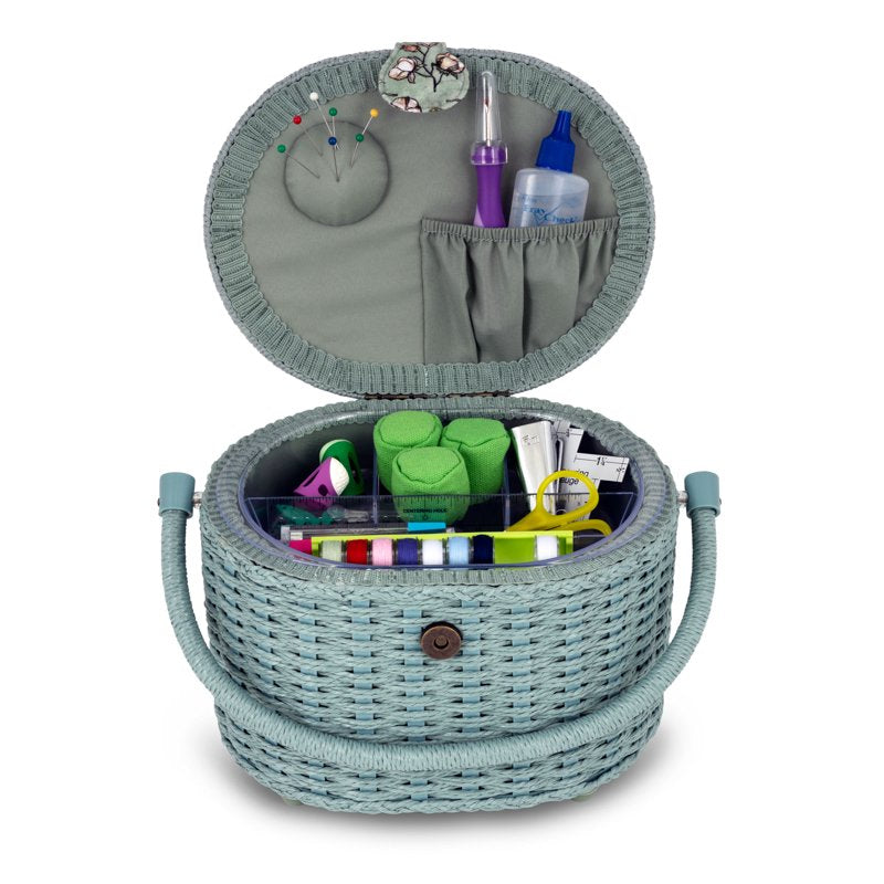 Small Oval Sewing Basket with Pincushion and Removable Organizer - Green Floral