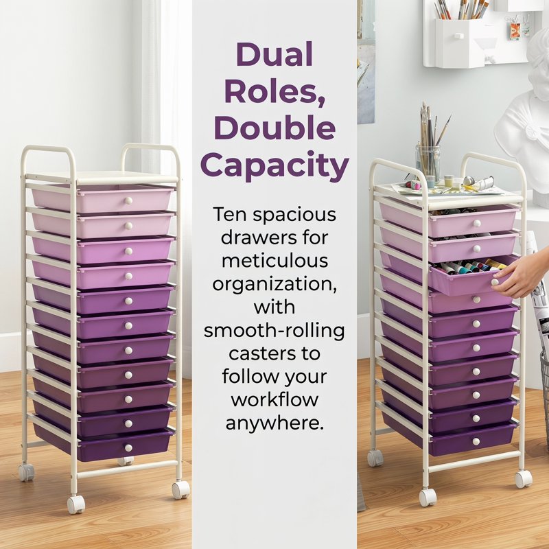 10-Drawer Rolling Storage Cart with Casters - Purple Home & Office Organizer