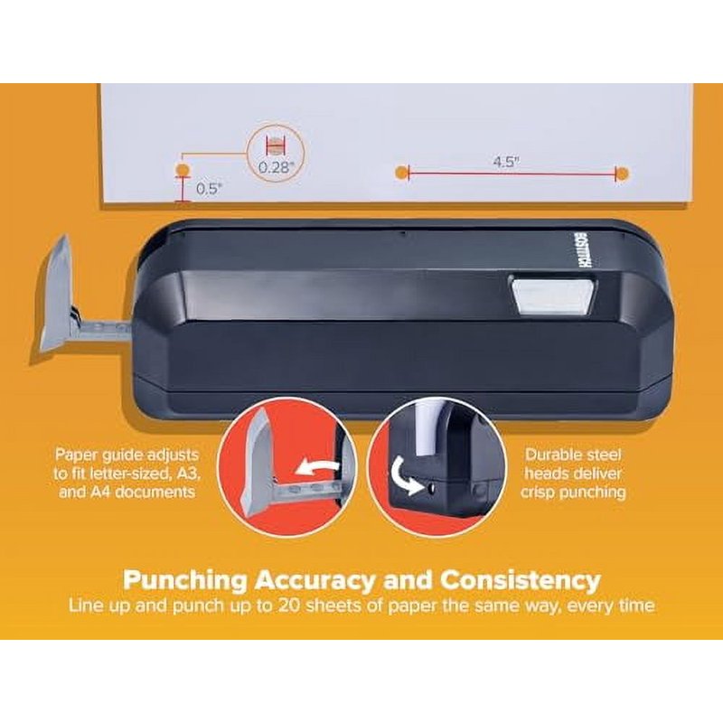 Electric 20-Sheet Three-Hole Punch with Adjustable Guide - Black