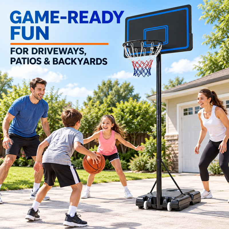 Weatherproof Portable Basketball System with Adjustable Height and Impact-Resistant Backboard