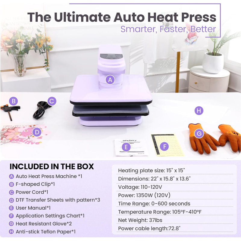 Automatic 15x15 Heat Press Machine with 360° Swing & High Workspace for Sublimation T-Shirts and Hoodies