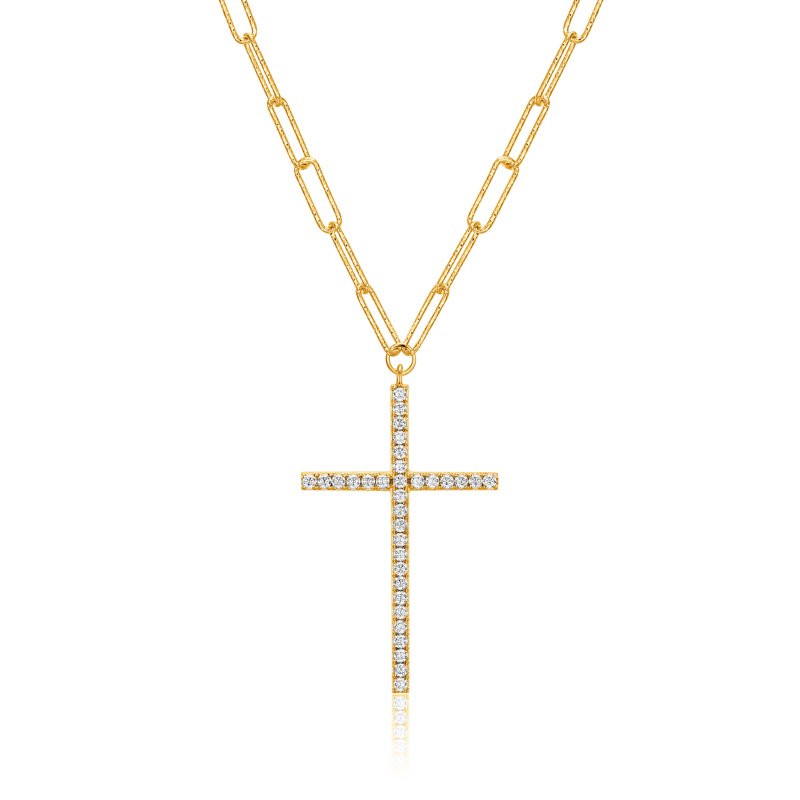 Gold & Silver Paperclip Necklace with Cubic Zirconia Cross - Gift for Her, 18" + 3" Extension