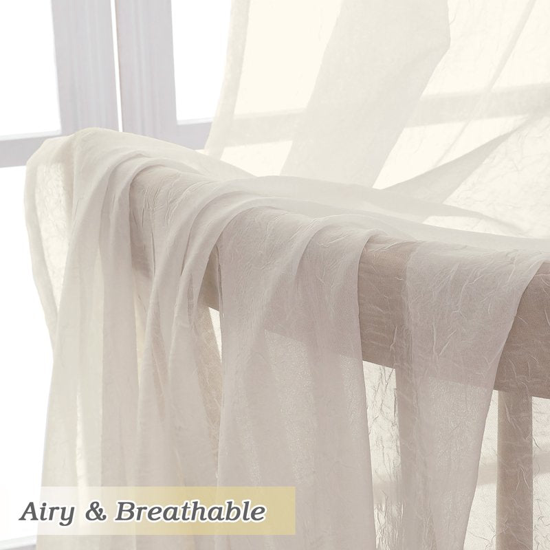 Ivory Crushed Sheer Curtains Set - Light Filtering Voile Drapes for Living Room and Bedroom