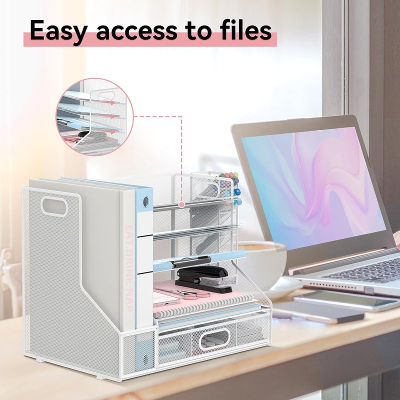 INTIGE White 5-Tier Desk Organizer with File Holder, Drawer & Pen Tray