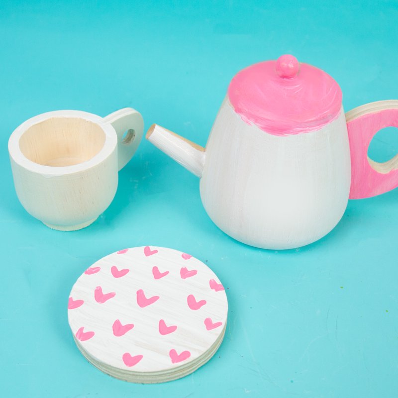 Kids Wooden Tea Set for Painting and Pretend Play - Includes Paint & Brush