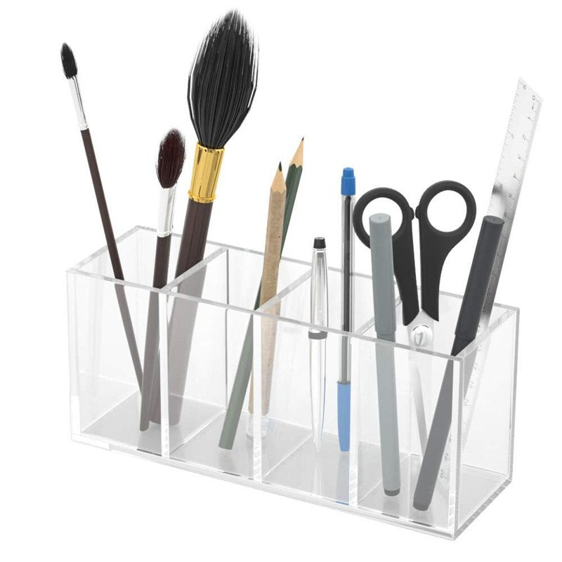 Clear Acrylic Pen Holder with 4 Compartments - Desk Organizer for Office, Makeup & Art Supplies