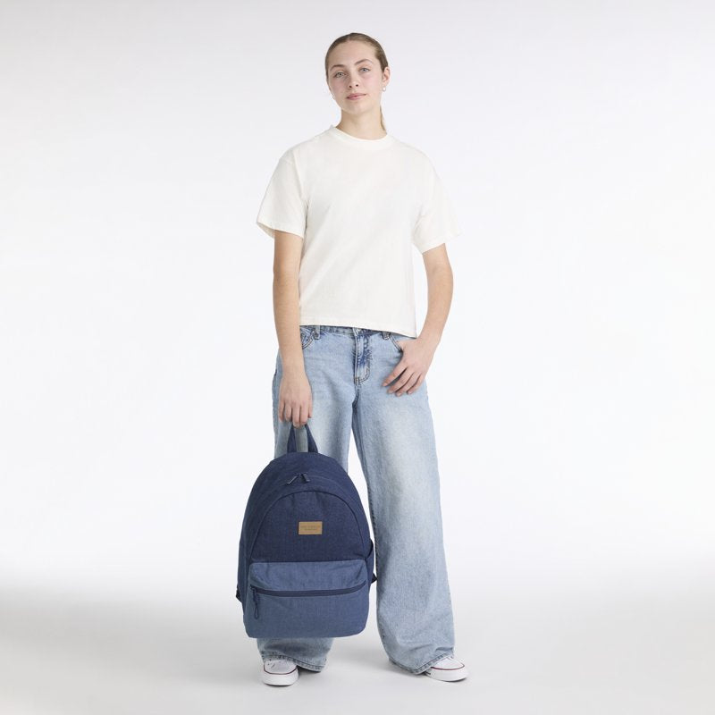 Unisex 17-Inch Denim Backpack with Colorblock Design for School & Travel