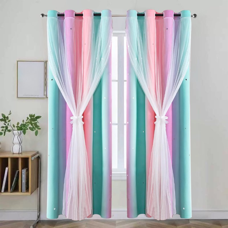 Double-Layer Blackout Rainbow Ombre Glitter Star Window Curtains 39×51 Inch