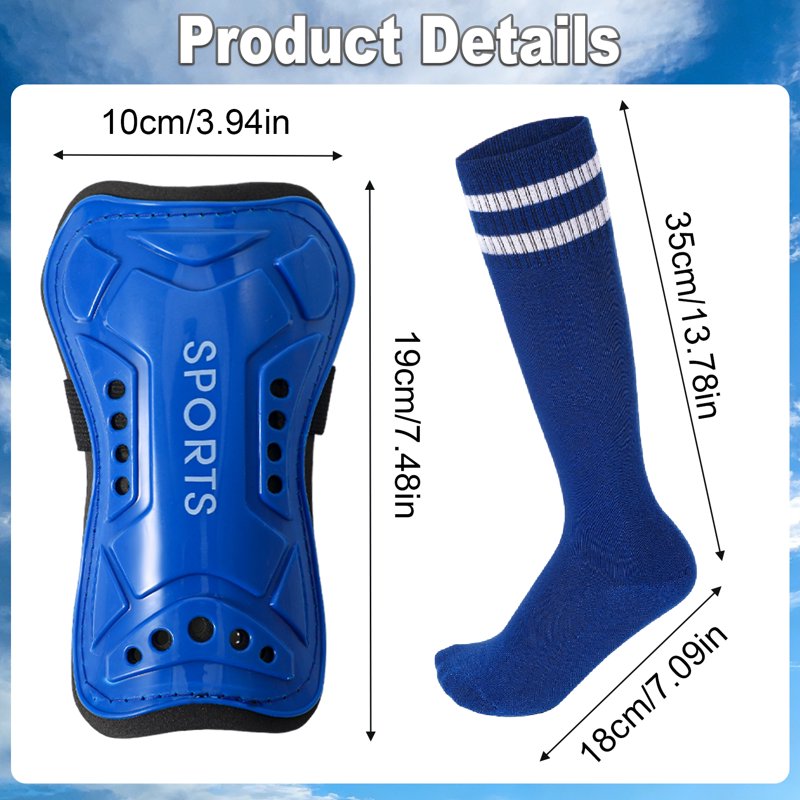 Kids Soccer Shin Guards Set with 3 Socks - Adjustable Lightweight Protective Gear (Blue / Black / White)