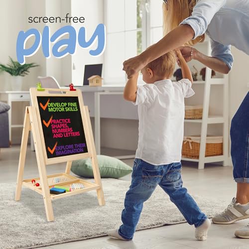 Kids Double Sided Art Easel with Whiteboard & Chalkboard, Toddler Craft Table for 2-4 Years