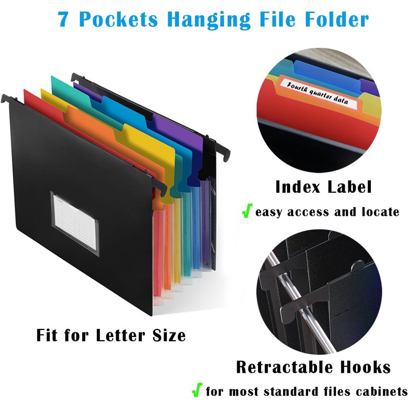 Expanding Hanging File Folders with 7 Pockets and Retractable Hook - 3 Pack