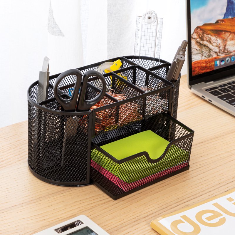 Mesh Desk Organizer with Drawer - 8 Compartments, Black Office Storage