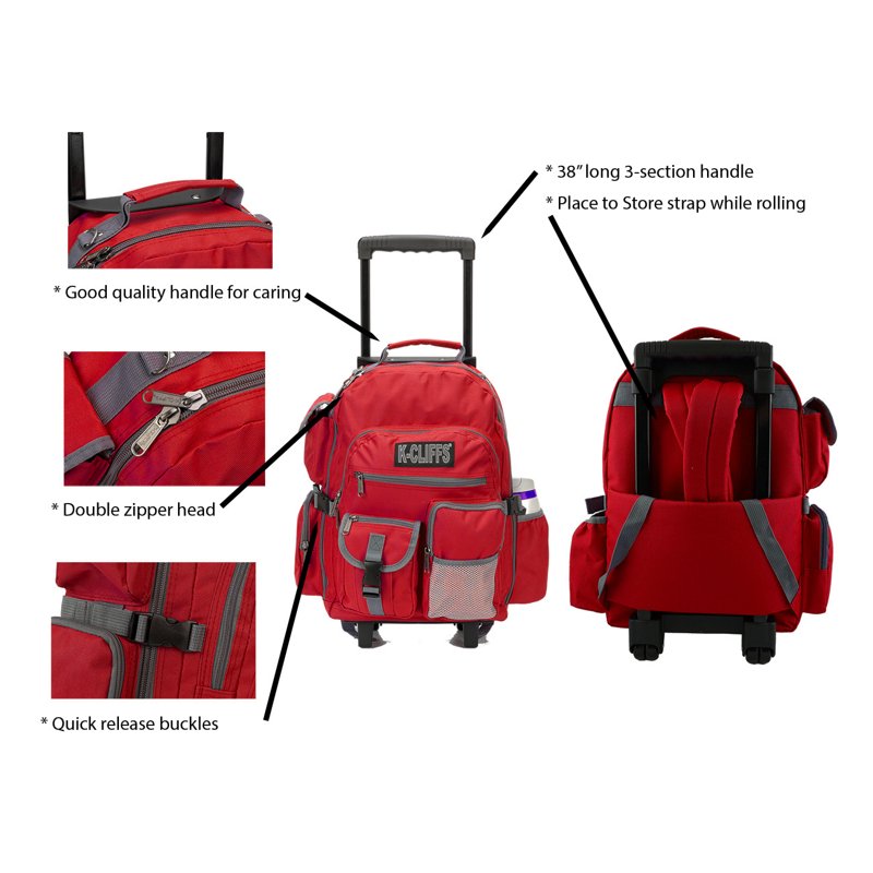 Heavy Duty Rolling School Backpack with Multiple Pockets, Water-Resistant, Red