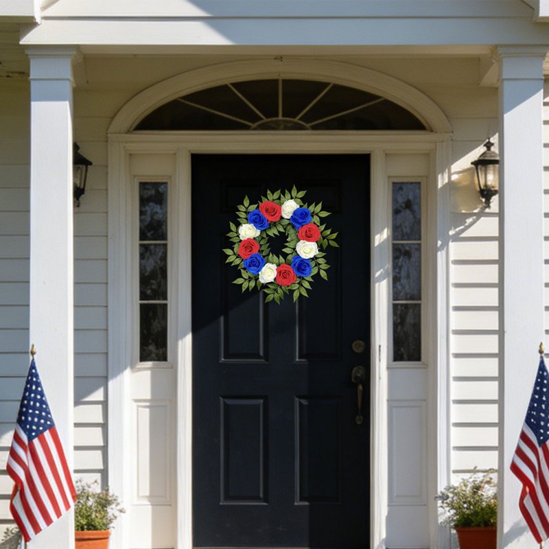 Patriotic Artificial Rose Wreath for 4th of July and Holiday Decor - Red White Blue Floral Front Door Wreath