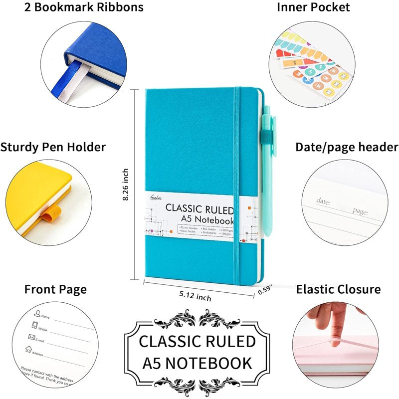 Bulk Hardcover Ruled Notebooks Set with Pen Holders - A5, 128 Pages, 12 Pack