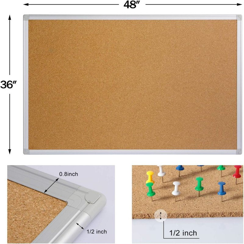 48x36 Inch Cork Bulletin Board with Aluminum Frame and 15 Pushpins - Wall Mount Office & Home Decor