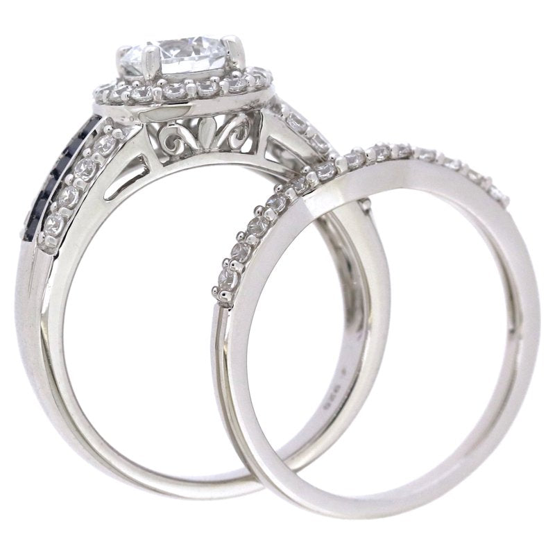 Sterling Silver Engagement Ring Set with White Diamonds and Sapphire Accents - Bridal Jewelry
