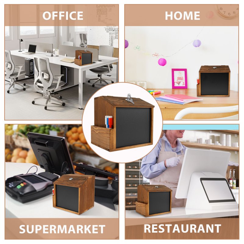 Wood Suggestion Box with Lock & Chalkboard - Wall & Countertop Mountable Donation & Comment Box