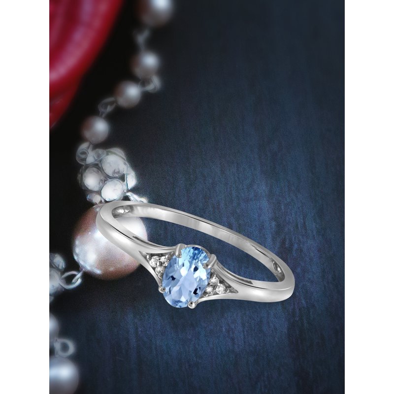 Sterling Silver Sky Blue Topaz Ring with White Diamond Accents - Birthstone Jewelry