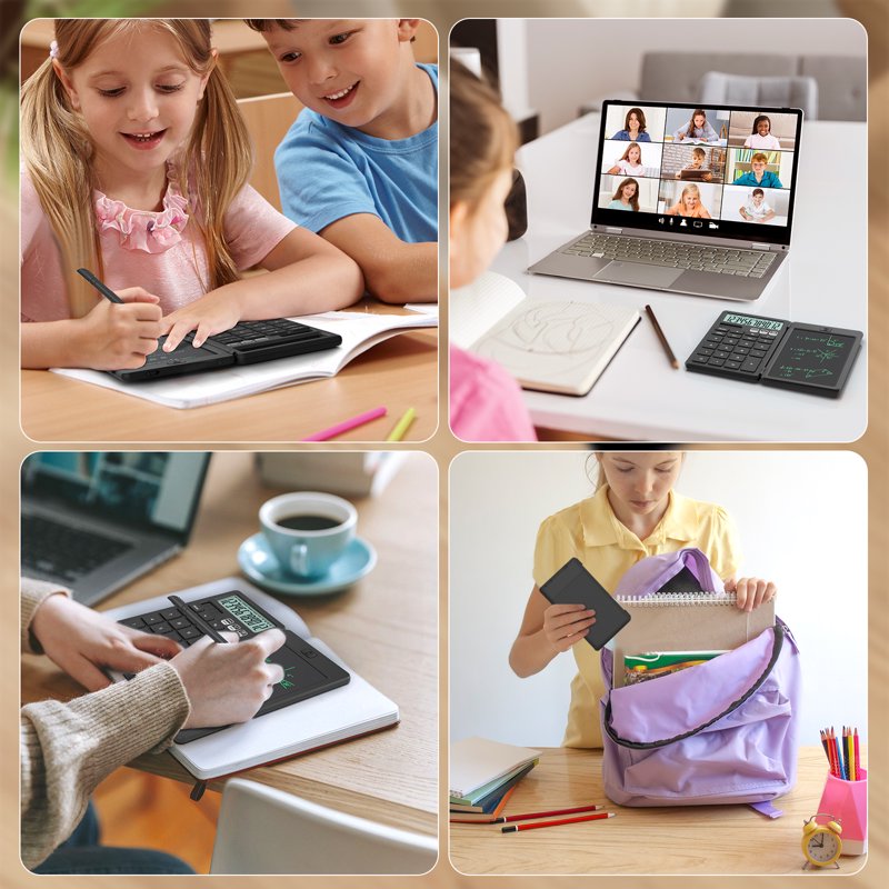 Basic Pocket Calculator with Erasable LCD Notepad for Students, Foldable Portable Design