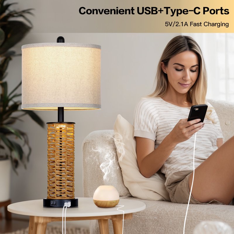 Set of 2 Rattan Woven Table Lamps with Dual Switches & USB Charging Ports - Farmhouse Nightstand Lighting