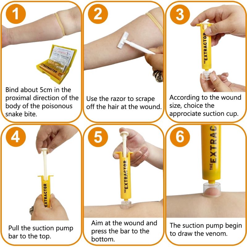 Snake Bite First Aid Kit with Venom Extractor Suction Pump - Portable Emergency Tool for Hiking & Camping - Yellow