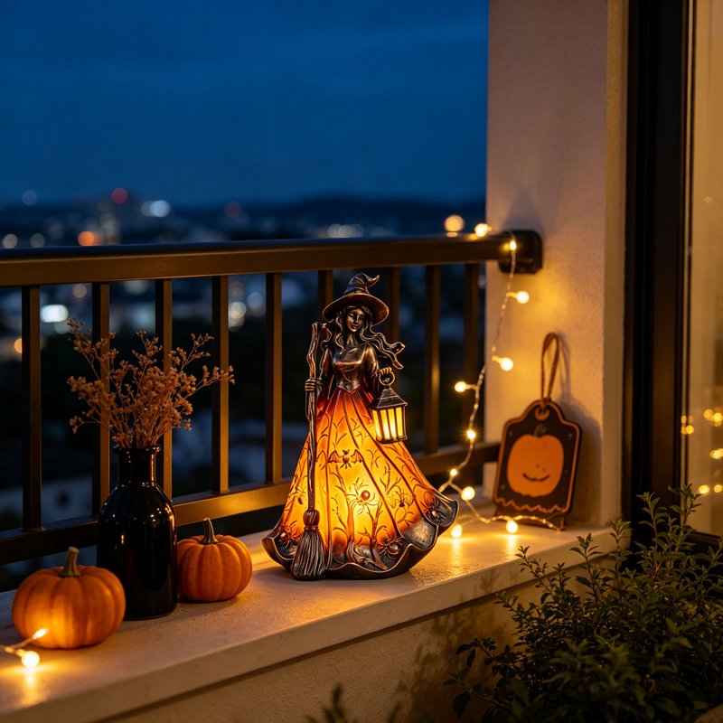 Halloween Witch Figurine Lamp with Broom, Resin Night Light - USB Powered Tabletop Decor (Variation E)