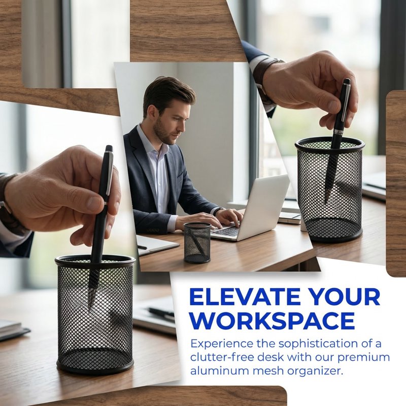 Mesh Metal Pen Holders Set of 4 - Durable Desk Organizer Cups for Office and Home