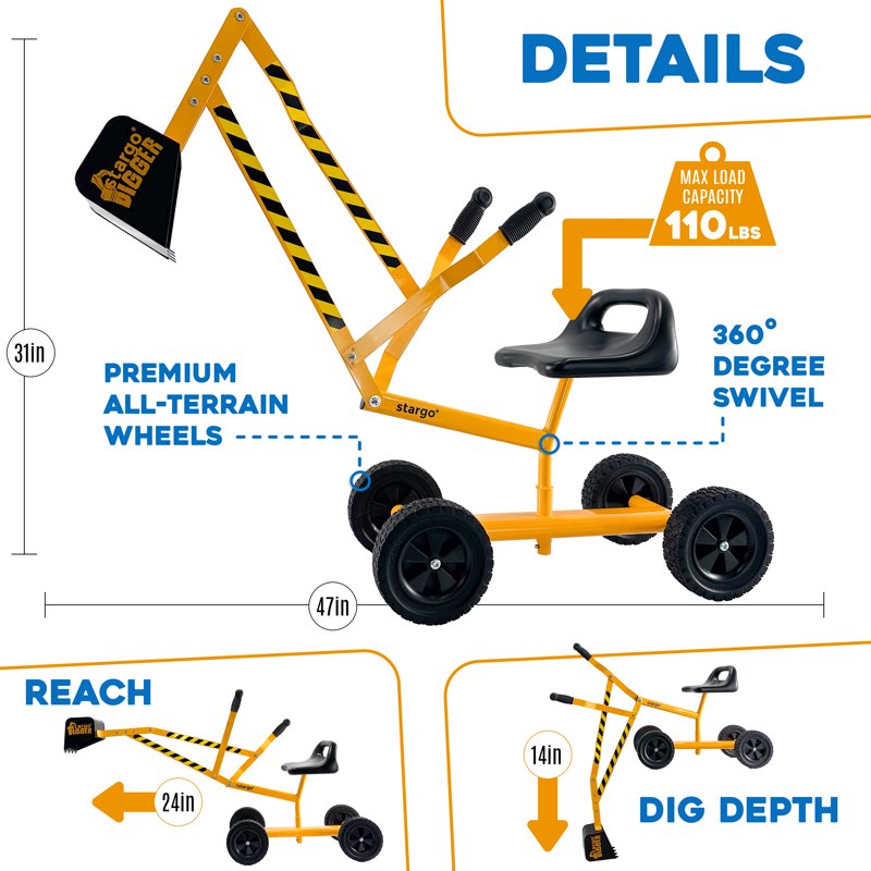 Kids Excavator Toy on Wheels with Sand Digger and Construction Hat, Ride-On Playset for Sand, Snow, and Dirt