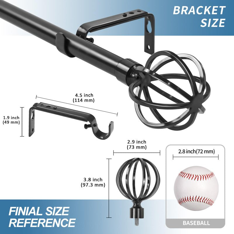 Heavy-Duty Steel Cage Curtain Rod with Finials - Supports Light & Heavy Drapes