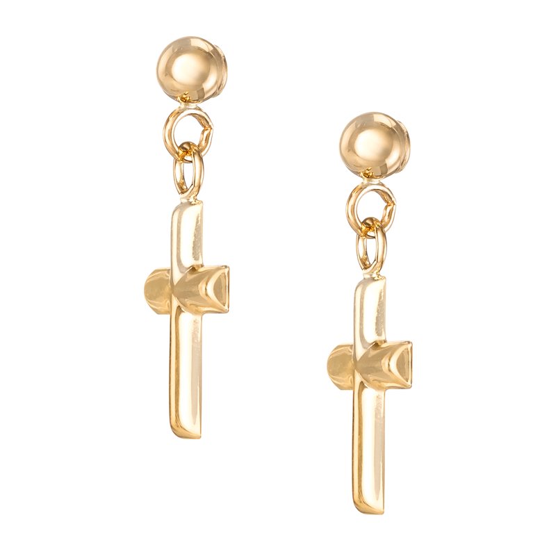 Girls Tween 14K Yellow Gold Cross Stud Earrings - Religious Jewelry