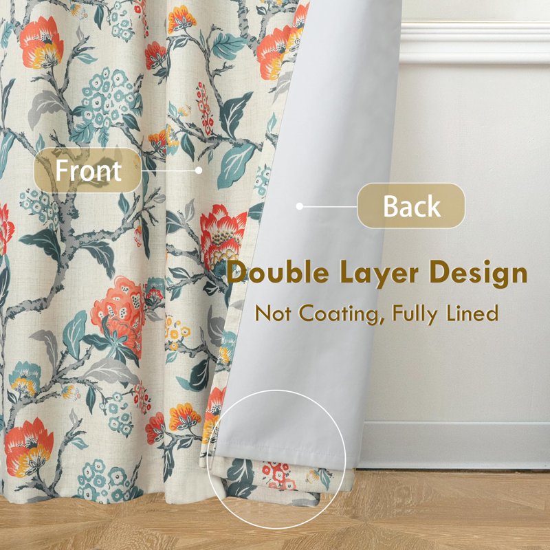 Blackout Linen Floral Pattern Curtains for Bedroom Double Layer Thermal Insulated 2 Panels