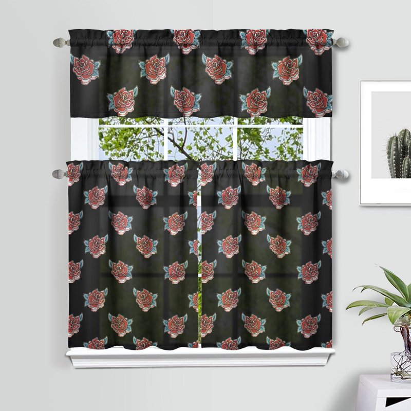 Kitchen Curtains and Valance Set 36 Inch Tier Floral Drapes for Dining Room