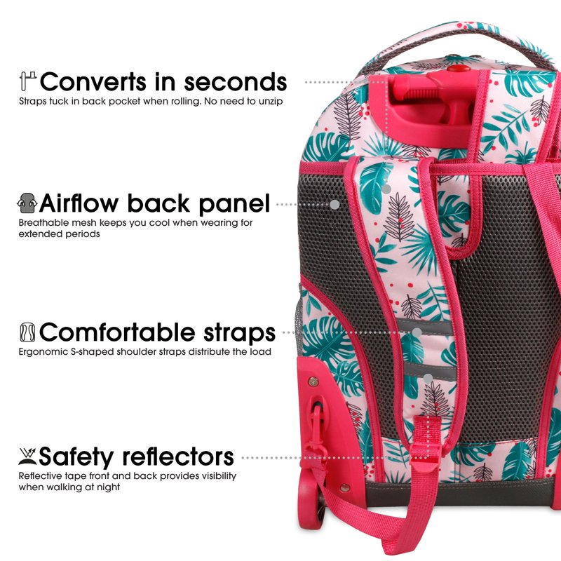 Girls 18-Inch Rolling Backpack with Wheels for School & Travel - Palm Leaves Pattern